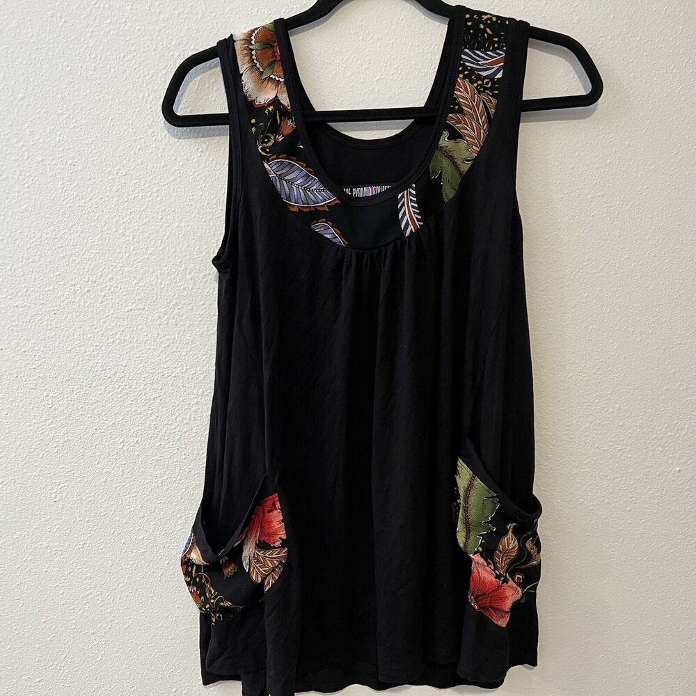 The Pyramid Collection Black Floral Print Tank Top‎ Tunic Womens Size Medium USA